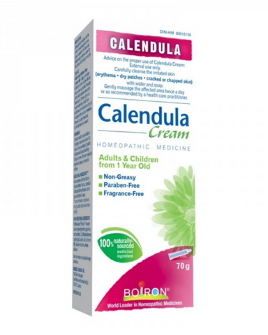 Boiron Calendula Cream is a Homeopathic cream for irritated skin (erythema | dry patches | cracked or chapped skin).      Non-Greasy     Paraben-Free     Fragrance-Free Calendula Cream is available in a 70g tube.
