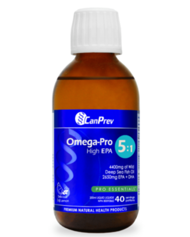 CanPrev’s Omega-Pro High EPA 5:1 fish oil formula is uniquely crafted in its native triglyceride form. A blend of natural preserving antioxidants is used for peak optimal freshness: vitamin C, GMO-free mixed tocopherols, rosemary leaf and green tea extract.