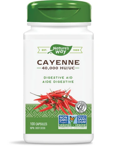 Nature's Way Cayenne 40,000 HU is made using a special blending process that guarantees 0.25% capsaicinoids with a consistent potency of 40,000 HU. Cayenne is traditionally used in herbal medicine to aid digestion and to help support peripheral circulation. Nature's Way Cayenne 40,000 HU is Vegetarian, TRU-ID certified and non-GMO Project verified.