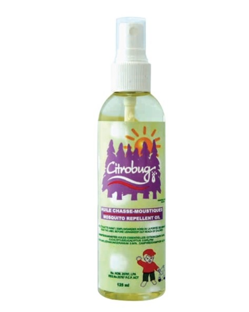 Natural mosquito repellent spray made with essential oils (lemon, camphor, geranium,eucalyptus and pine), non-toxic for the environment, hypo-allergenic and safe for the whole family! Most effective product available on the Canadian market to date, Citrobug has been shown to be as effective as any other product that contains 25% DEET! This product may be used safely.