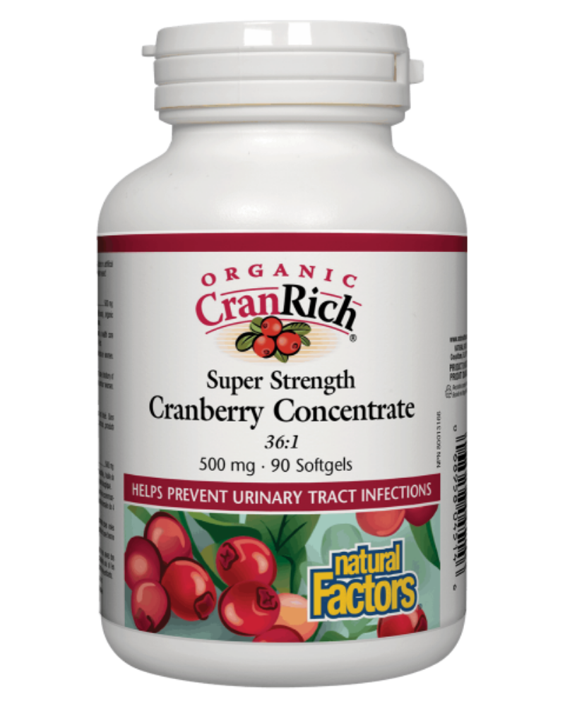 Natural Factors CranRich Super Strength Cranberry Concentrate is useful in the prevention and treatment of urinary tract infections. CranRich is a 36:1 concentrate, meaning one gram of extract contains 36 g of cranberries from 100 % cranberry fruit. It contains a high antioxidant value of 10,000 ORAC units per 100 g.  CranRich Super Strength Cranberry Concentrate provides a high dose of bioactive cranberry nutrients known to prevent and treat recurrent urinary tract infections. The high proanthocyanidin con