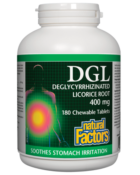 Natural Factors DGL Licorice Root Extract aids digestion and treats stomach complaints, including heartburn and indigestion. It soothes and protects the stomach lining, helping to heal ulcers and prevent their recurrence. DGL contains no glycyrrhizin, so it’s completely safe, even for people with high blood pressure.