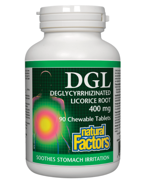 Natural Factors DGL Licorice Root Extract aids digestion and treats stomach complaints, including heartburn and indigestion. It soothes and protects the stomach lining, helping to heal ulcers and prevent their recurrence. DGL contains no glycyrrhizin, so it’s completely safe, even for people with high blood pressure.
