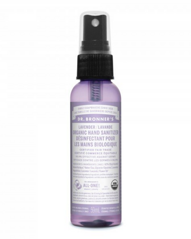 ﻿Dr. Bronner's Organic Hand Sanitizer Lavender quickly kills bacteria when no soap and water are available.