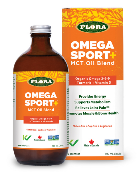 ﻿Flora Omega Sport + was formulated for active people with both athletic performance and recovery in mind.  Made with Medium Chain Triglycerides, Omega 3 and omega 6 essential fatty acids, a unique turmeric extract called Curcumin and Vitamin D.