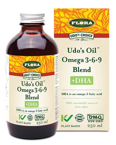 Soak up the benefits of DHA with Udo’s Oil™ Omega 3•6•9 Blend +DHA. It combines DHA-rich algae—from unrefined, sustainably-sourced algae, rather than fish—with Udo’s unique oil blend of omega-3 and omega-6 essential fatty Acids in a balanced 2 to 1 ratio. DHA supports the proper functioning of our brains as adults and supports the development of the nervous system in children.