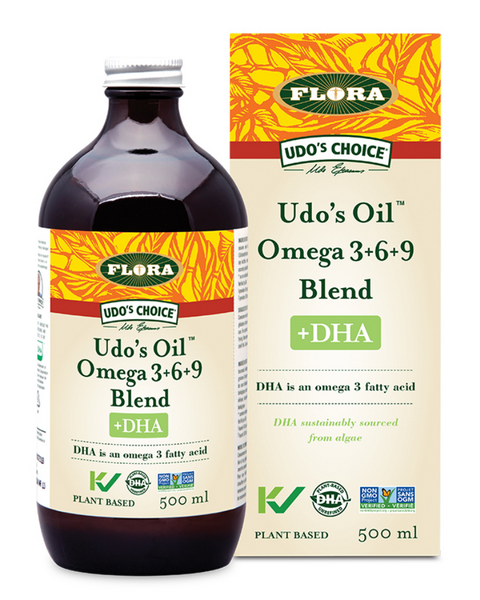 Soak up the benefits of DHA with Udo’s Oil™ Omega 3•6•9 Blend +DHA. It combines DHA-rich algae—from unrefined, sustainably-sourced algae, rather than fish—with Udo’s unique oil blend of omega-3 and omega-6 essential fatty Acids in a balanced 2 to 1 ratio. DHA supports the proper functioning of our brains as adults and supports the development of the nervous system in children.