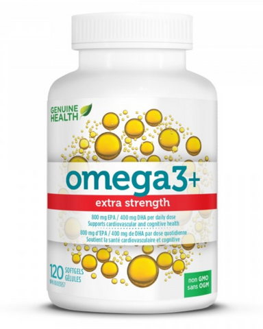 Genuine Health Omega3+ Extra Strength contains fish oils. Omega-3 fatty acids are integral to our health and well being – and are an important component of every cell in our body. Research has proven that Omega-3 from wild fish oils, like those in omega3 provide the best source of EPA and DHA for a healthier heart, brain, skin, mood, joints and more.