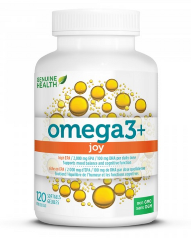 Genuine Health Omega3+ Joy contains fish oil and can make you happier! Omega-3 fatty acids are integral to our health and well being – and have a major part to play in our mental health and happiness! Based on leading research and developed in-conjunction with a naturopathic doctor, omega3+ joy contains EPA concentrate, an essential Omega-3 fatty acid clinically proven to help improve mood and mental outlook, including the seasonal blues, as well as reduce inflammation in the body.
