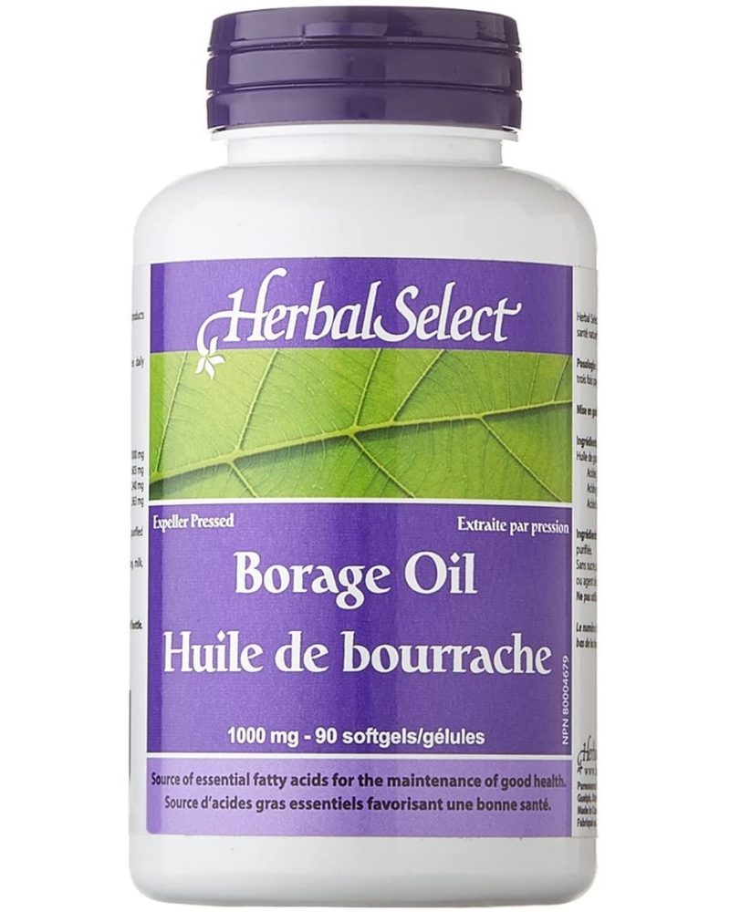 Herbal Select Borage Oil is grown pesticide-free on the Canadian prairies. Rich in Omega-6 fatty acids — especially Gamma Linolenic Acid (GLA) — it is cold-pressed and specially processed to ensure purity, potency and safety. Borage oil contains the highest level of GLA of any seed oil.  Borage oil has been shown to improve immune response, help control weight, maintain healthy skin and nails, inhibit certain tumour cells and reduce diabetic complications. It has also been used to treat rheumatoid arthritis