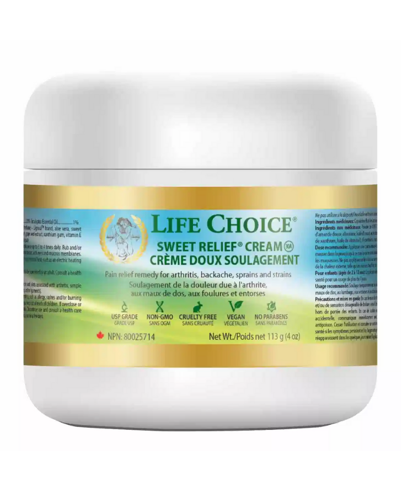 Life Choice™ Sweet Relief Skin Cream is an all-natural transdermal cream that provides relief from pain associated with backache, lumbago, strains, bruises, sprains, and arthritic or rheumatic conditions. This unique, high-quality formula includes capsaicin, eucalyptus oil, allantoin, and methylsulfonylmethane (MSM), which work synergistically to soothe aching muscles and joints and help to control pain. Sweet Relief also helps relieve minor skin irritations and itching.
