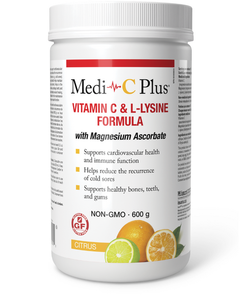 Medi C plus with magnesium Citrus flavour. VITAMIN C AND L-LYSINE FORMULA WITH MAGNESIUM. Helps support cardiovascular health. Helps collagen formation. Maintains healthy teeth and gums. Maintains healthy bones and cartilage. Helps connective tissue formation. Helps wound healing. Helps maintain good health.