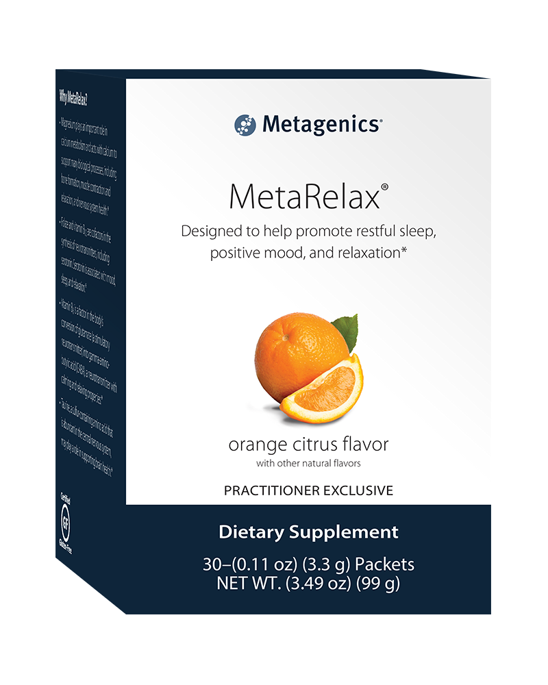 MetaRelax is a great tasting orange citrus flavored magnesium powder blend.  This unique formula features a magnesium amino acid chelate (bis-glycinate) designed to enhance absorption and intestinal tolerance.* It also features taurine, vitamins B6, B12, and folate.  Together, these nutrients help to promote restful sleep, positive mood, and relaxation.*