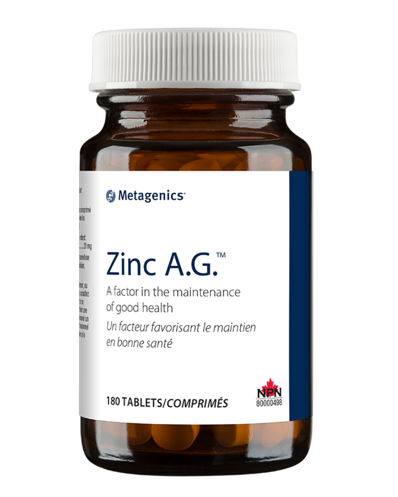 Zinc A.G.™ features zinc as an amino acid chelate with arginine and glycine designed to be highly absorbable and well tolerated. Zinc is especially important for immune and tissue health. In addition, zinc is a component of numerous enzymes in the body related to energy metabolism, bone mineralization, and protein synthesis—and plays a role in male reproductive health.*