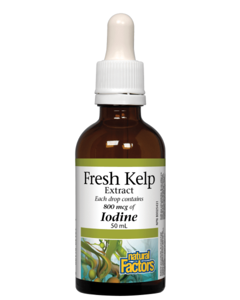 Natural Factors Fresh Kelp Extract is a natural source of iodine that the body needs to make thyroid hormones. It is hand harvested in a sustainable manner from the pristine coastal waters of British Columbia. A precision extraction process preserves freshness and kelp’s spectrum of minerals, vitamins, and iodine.  Kelp is a sea vegetable and a naturally concentrated source of iodine. It is rich in potassium, calcium, and magnesium, as well as many trace elements, vitamins, and lignans. Iodine is an essenti