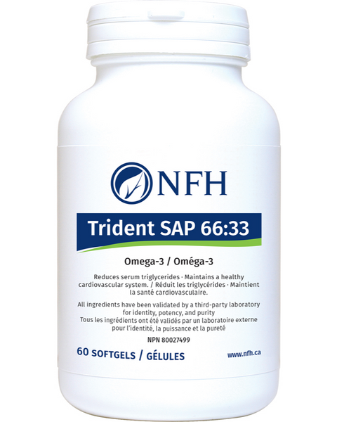 Trident SAP 66:33 is a fish oil of exceptional purity, standardized to the highest concentration. Each softgel provides 990 mg of EPA and DHA in a 2:1 ratio. Omega-3 EPA and DHA support cardiovascular health by promoting healthy triglyceride levels, support joint tissue health by supporting a healthy inflammatory response, and support optimal cognitive health and brain function.