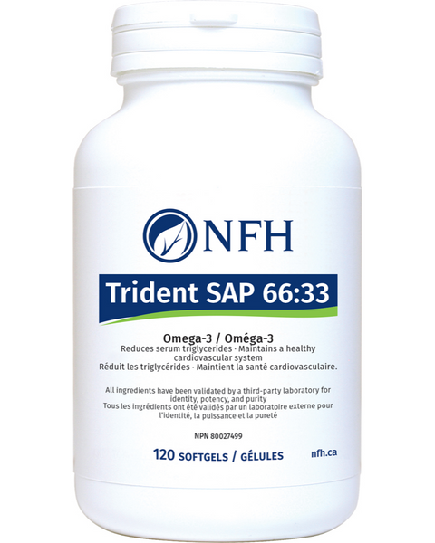 Trident SAP 66:33 is a fish oil of exceptional purity, standardized to the highest concentration. Each softgel provides 990 mg of EPA and DHA in a 2:1 ratio. Omega-3 EPA and DHA support cardiovascular health by promoting healthy triglyceride levels, support joint tissue health by supporting a healthy inflammatory response, and support optimal cognitive health and brain function.