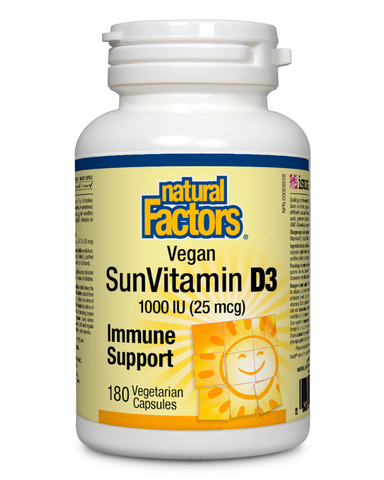 Natural factors uses Vitamin D3, which is the form found in fish oils and eggs, and is produced by sunlight on human skin. Vitamin D3 (cholecalciferol from animal source) is derived from sheep wool lanolin.
