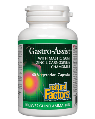 ﻿Natural Factors Gastro-Assist provides comprehensive gastrointestinal support, helping to soothe occasional digestive complaints including diarrhea, constipation, bloating, gas, and heartburn. This unique combination of mastic gum, probiotics, zinc L-carnosine, and chamomile helps protect the stomach and intestines by supporting healthy gut microflora and healthy immune function.  Gastro-Assist from Natural Factors is a synergistic formula that relieves symptoms of inflammatory conditions of the gastrointe