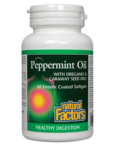 Natural Factors Peppermint Oil supports healthy digestion naturally. Each ingredient has effective antifungal properties while the enteric-coated softgels deliver the oil directly to the lower digestive tract where it is most soothing for symptoms of irritable bowel syndrome (IBS) and digestive upsets.  It is estimated that approximately 15% of the population has complaints of irritable bowel syndrome (IBS), making IBS one of the most common gastrointestinal disorders. Natural Factors Peppermint Oil combine