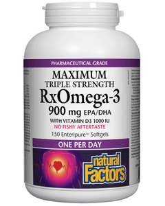 Natural Factors Maximum Triple Strength RxOmega-3 with Vitamin D3 is a high-potency form of omega-3 essential fatty acids in a convenient one-per-day softgel. Each dose provides an optimal 2:1 ratio of EPA to DHA that supports cardiovascular and cognitive health, brain function, and reduced symptoms of rheumatoid arthritis.