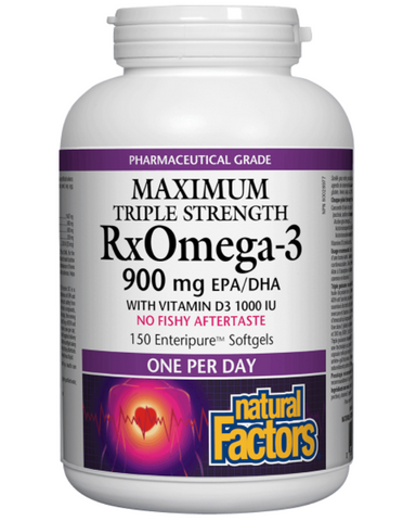 Natural Factors Maximum Triple Strength RxOmega-3 with Vitamin D3 is a high-potency form of omega-3 essential fatty acids in a convenient one-per-day softgel. Each dose provides an optimal 2:1 ratio of EPA to DHA that supports cardiovascular and cognitive health, brain function, and reduced symptoms of rheumatoid arthritis.