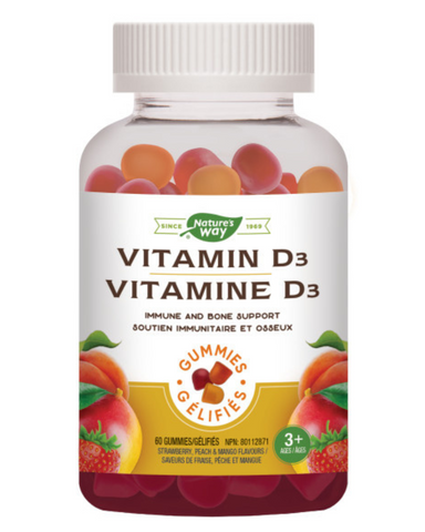 Nature's Way Vitamin D Gummies help to maintain and support immune function. These delicious strawberry, peach and mango flavoured gummies also help in the development and maintenance of bones and teeth, and are 100% vegetarian.