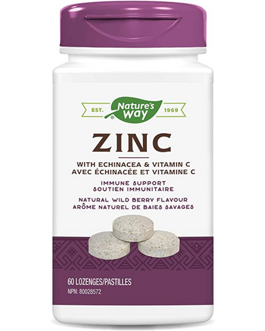 Nature's Way Zinc with Echinacea and Vitamin C is a combination formula for immune support. Zinc helps to maintain immune function. Vitamin C is an antioxidant for the maintenance of good health. Nature's Way Zinc is Vegetarian. These delicious lozenges have a pleasing natural wild berry flavour.
