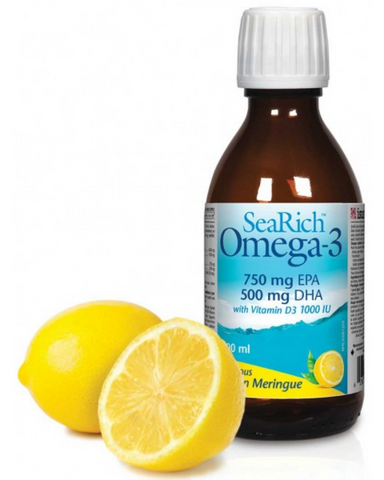Natural Factors SeaRich Omega-3 with Vitamin D3 is the most delicious fish oil around! Made using the freshest, highest quality omega-3, each teaspoon (5 mL) provides 750 mg of EPA, 500 mg of DHA, alongside 1000 IU of vitamin D3 in a great-tasting, easily absorbed triglyceride form, helping support brain function, cardiovascular health, and bone and joint health.