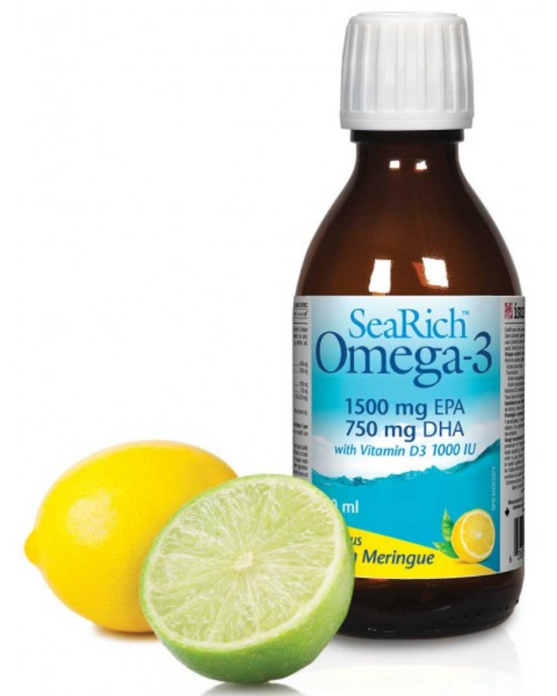 Natural Factors SeaRich Omega-3 with Vitamin D3 is a great-tasting higher strength formula. Made using the freshest, highest quality omega-3, each teaspoon (5 mL) provides 1500 mg of EPA, 750 mg of DHA, alongside 1000 IU of vitamin D3 in an easily absorbed triglyceride form, to help support brain function, heart, bone and joint health.