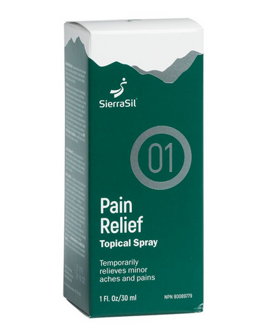  SierraSil Pain Relief Topical Spray uses no binders or artificial ingredients so it is readily absorbed into the skins surface right where the pain is.  Provides clinically tested, non-prescription topical pain relief. Uses no binders or artificial ingredients so it is readily absorbed into the skins surface right where the pain is. Helps relieve backache, arthritis strain, bruises and sprains. Offers a natural and safe alternative to other pharmaceutical medications