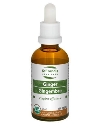 ﻿Ginger helps prevent nausea and vomiting associated with motion sickness and/or seasickness. Traditionally used in Herbal Medicine to help relieve digestive upset/disturbances, including lack of appetite, nausea, digestive spasms, indigestion, dyspepsia and flatulent colic. Traditionally used in Herbal Medicine as an expectorant and anti-tussive to help relieve bronchitis as well as coughs and colds.  St. Francis Herb Farm's Ginger Fluid Extract is certified organic.  
