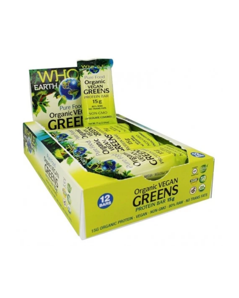 The Pure Food Organic Vegan Greens Protein Bar is the whole-food answer to healthy on-the-go nutrition. Each chocolate covered bar is 100% organic and made with 80% raw ingredients, providing 15 g of quality vegan protein in a low-glycemic formula. A great-tasting green superfood designed to fuel your life and satisfy your hunger.