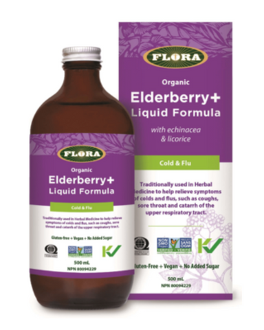 Flora’s Elderberry+ Liquid Formula is a delicious, organic blend of elderberry, echinacea, and licorice. It can be taken daily or used to provide relief from cold and flu symptoms. Enjoy the delicious, natural flavour of Elderberry+ Liquid Formula with no added sugar. Just mix with water or your favourite beverage for an immune boosting punch.