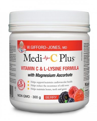 W.Gifford Jones Medi-c Plus with magnesium berry flavoured powder Helps support cardiovascular health Helps collagen formation Maintains healthy teeth and gums Maintains healthy bones and cartilage Helps connective tissue formation Helps wound healing Helps maintain good health Help to support/maintain Cardiovascular health. Help to reduce the recurrence of cold sores. Help maintain bones, teeth and gums