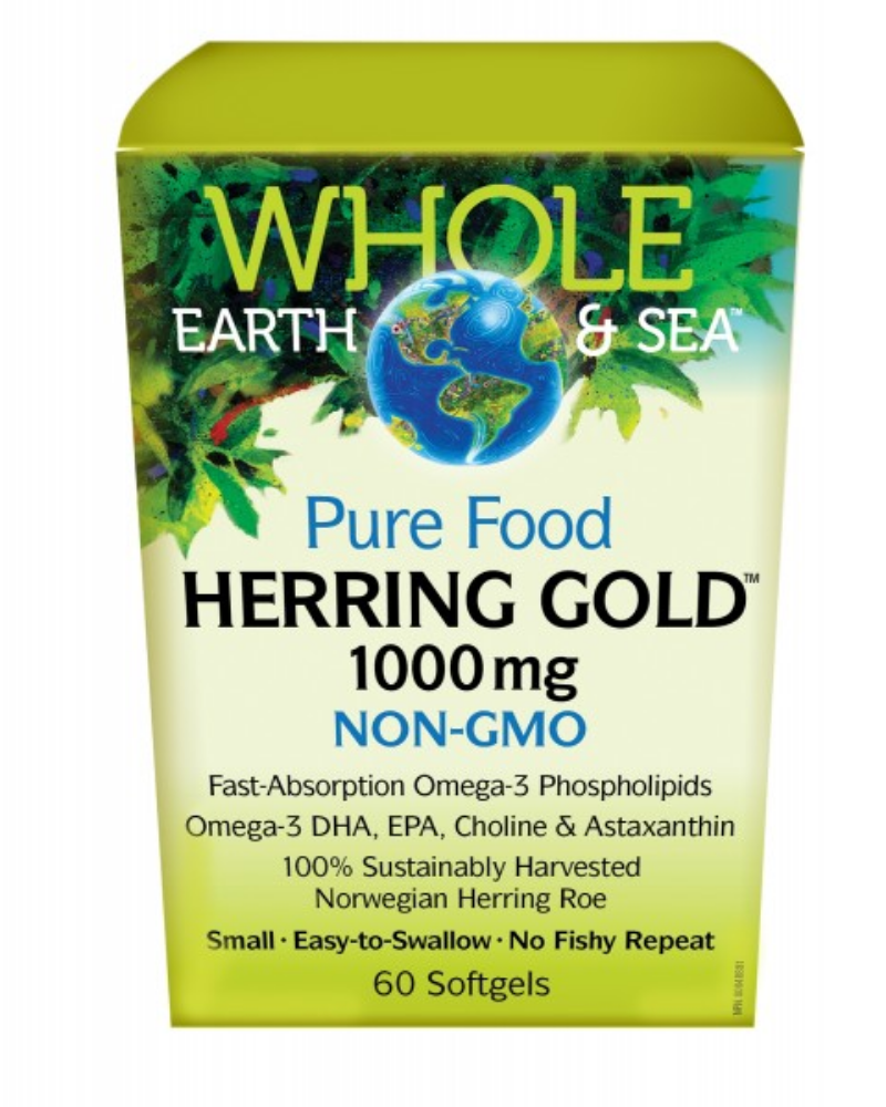 Whole Earth & Sea Pure Food Herring Gold comes from sustainably harvested spring-spawning Norwegian herring roe. It is a natural source of omega-3 DHA and EPA in an easily absorbed phospholipid form. Herring Gold also contains choline, important for brain and liver function, and astaxanthin, a powerful antioxidant.