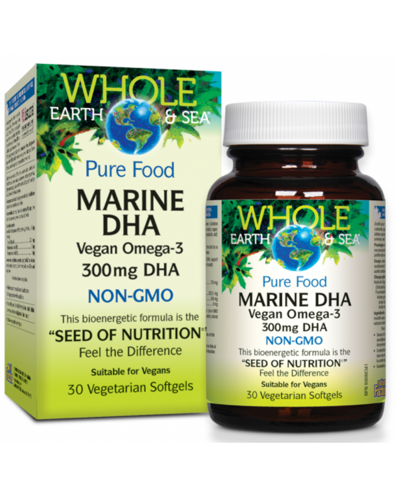 Whole Earth & Sea Pure Food Marine DHA Vegan Omega-3 provides the benefits of these omega-3 fatty acids in a sustainably harvested, non-GMO formula derived from algae. Extracted from specially selected microalgae that naturally produce pure DHA and EPA, this algae-based source of omega-3 has no fishy smell or aftertaste. It is an excellent vegetarian and vegan alternative to fish oil supplements.  DHA supports healthy eyes, vision, and brain function and is vital for healthy eye and brain development in inf