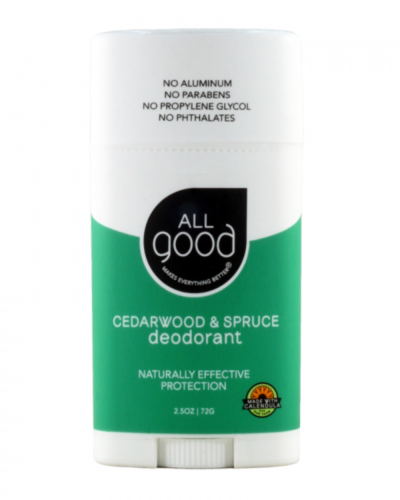 ﻿All Good deodorants use naturally occurring enzymes and essential oils to fight odor causing bacteria. Arrowroot powder absorbs moisture and dries underarms, while aloe vera and our homegrown calendula soothe sensitive skin. They promise that nothing in their deodorants cause harm: all good ingredients, always.
