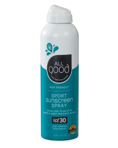 All Good SPF 30 Sport Sunscreen Lotion has UVA/UVB Broad Spectrum Protection and is water resistant.