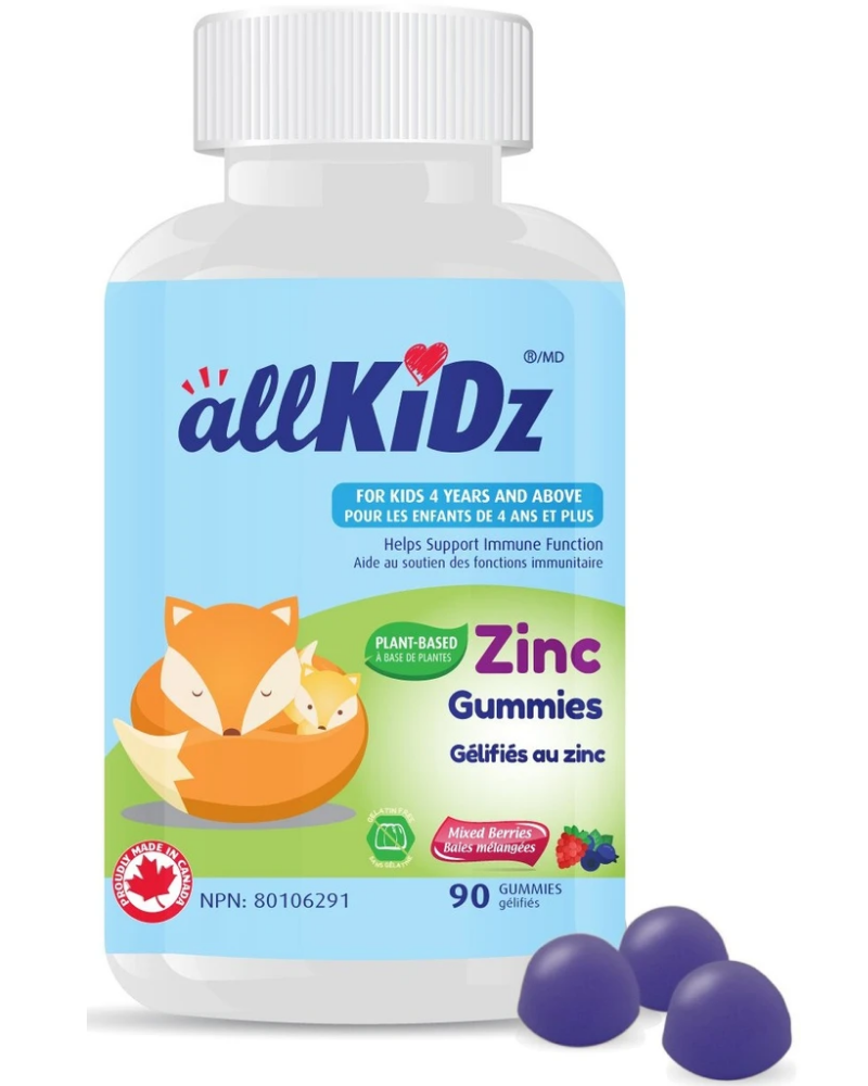 ﻿allKidz Zinc Gummies are Delicious juicy vegetarian gummies that come in mixed-berry flavour, with 10mg of Zinc for Optimal Immune Benefit