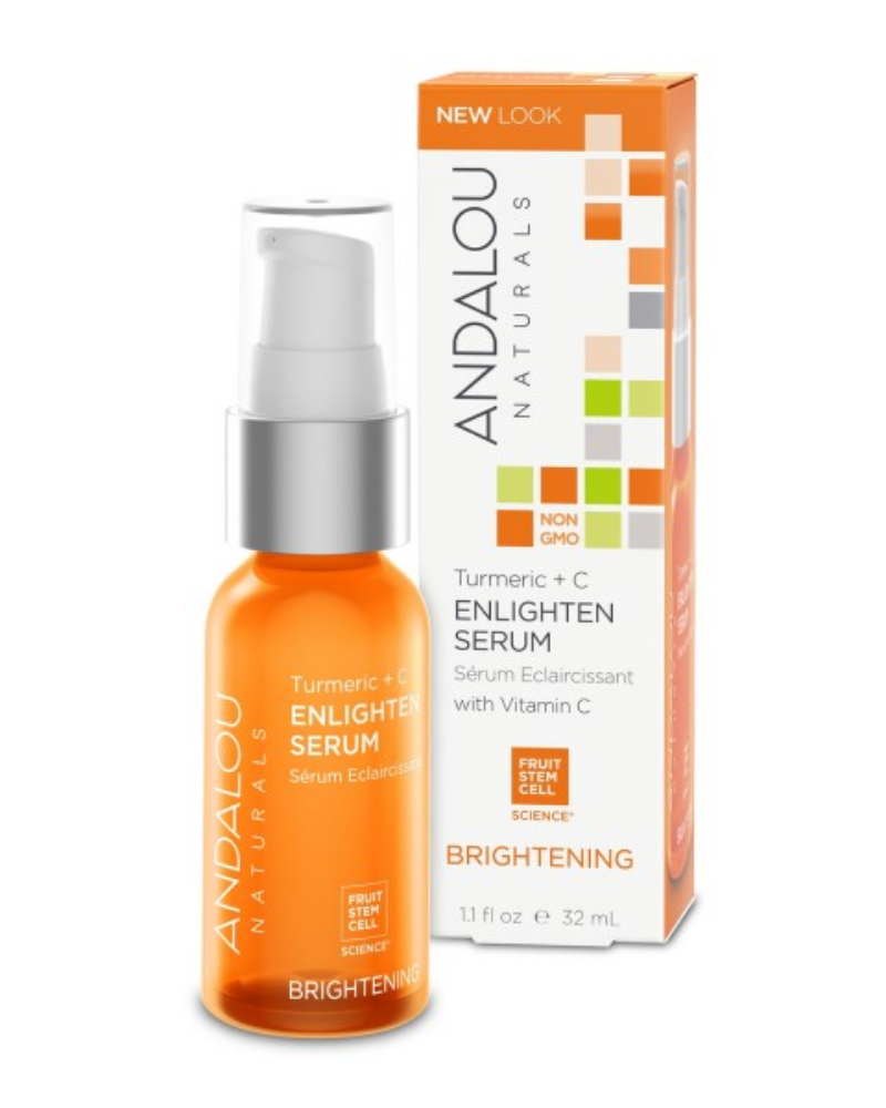ANDALOU naturals Fruit Stem Cell Science renews skin at the cellular level, blending nature and knowledge for visible Brightening results.  Fruit Stem Cell Complex, turmeric, and Vitamin C effectively ‘lighten, tighten and brighten’ by targeting hyperpigmentation and UV damage, swiftly neutralizing free radicals, while activating collagen and elastin for even tone and a firmer, smoother complexion.