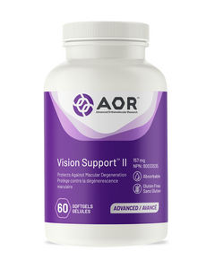 Vision Support II is a combination of the most advanced nutrients clinically demonstrated to help support eye health and fight age-related macular degeneration (AMD). AOR’s Vision Support II provides lutein, zeaxanthin, benfotiamine and black soybean hull extract in an olive oil suspension to enhance the absorption of these ingredients. 
