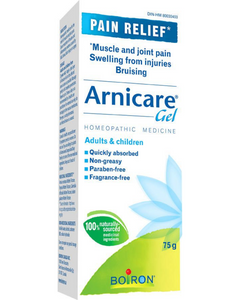 ﻿Boiron Arnicare Gel is homeopathic medicine for the relief of muscle and joint pain. Eases resorption of bruises and inflammatory oedema caused by falls, blows, blunt injuries or surgery.