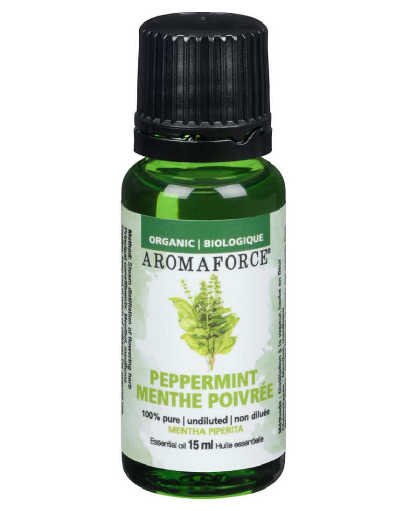 Aromaforce Peppermint Essential Oil (Mentha piperita) is steam distilled from flowering herb and has a fresh, herbaceous and mentholated fragrance.