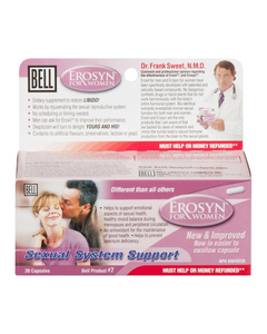 The New & Improved Erosyn for women helps rejuvenate the sexual reproductive system naturally, while supporting emotional aspects of sexual health. Erosyn helps to increase circulation, desire, passion, and sexual energy. This daily supplement also supports healthy mood balance during menopause. We've added Ashwagandha extract, Maca extract, and Ginkgo biloba extract to the original formula, greatly increasing its effectiveness.*