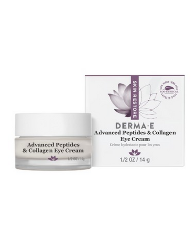 Derma E Skin Restore Advanced Peptide and Collagen Eye Cream is a double-action, peptide-infused eye cream with patented Matrixyl synthe’6 and Argireline to help smooth the appearance of laughter lines to even the deepest wrinkles.  Enriched with plant extract Pycnogenol, antioxidants green tea, vitamins A, C and E, this advanced formula may help soothe and reduce the visual signs of aging to promote more youthful, brighter and radiant-looking eyes.