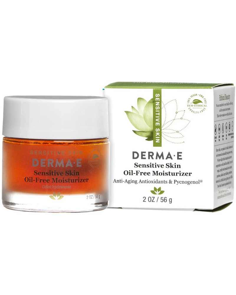 Diminish signs of aging and sensitivity with the Derma E Sensitive Skin Oil-Free Moisturizer, an oil-free, fragrance free gel hydrator. Helps reduce the look of fine lines and wrinkles for soft, smooth skin without irritation. With anti-aging Pycnogenol®, a gentle yet potent antioxidant that is 50 times more powerful than Vitamin E in neutralizing free radicals, this formula helps quench signs of aging while delivering soothing properties to help calm red, irritated or sensitive skin. Nourishing Vitamins A,