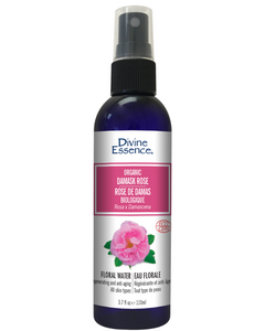 Divine Essence - Organic Damask Rose Floral Water  Regenerating and firming anti-aging beauty tonic leaves skin radiant and luminous. Hydrates the skin and helps prevent the signs of aging. Fresh and delicate fragrance.