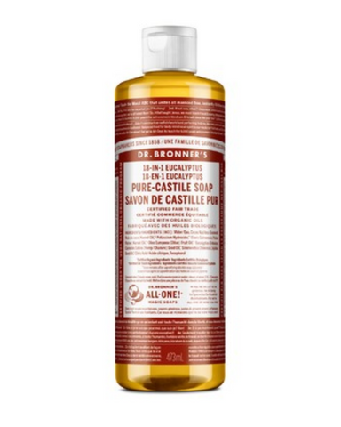 Dr. Bronner's Organic Pure Castile Liquid Soap with Eucalyptus opens your pores while enveloping the body in its warm invigorating vapors. All oils and essential oils are certified organic to the National Organic Standards Program. Packaged in 100% post-consumer recycled plastic bottles.