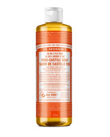 Dr. Bronner's Organic Pure Castile Liquid Soap Tea Tree contains tea tree oil. All oils and essential oils are certified organic to the National Organic Standards Program. Packaged in 100% post-consumer recycled plastic bottles.
